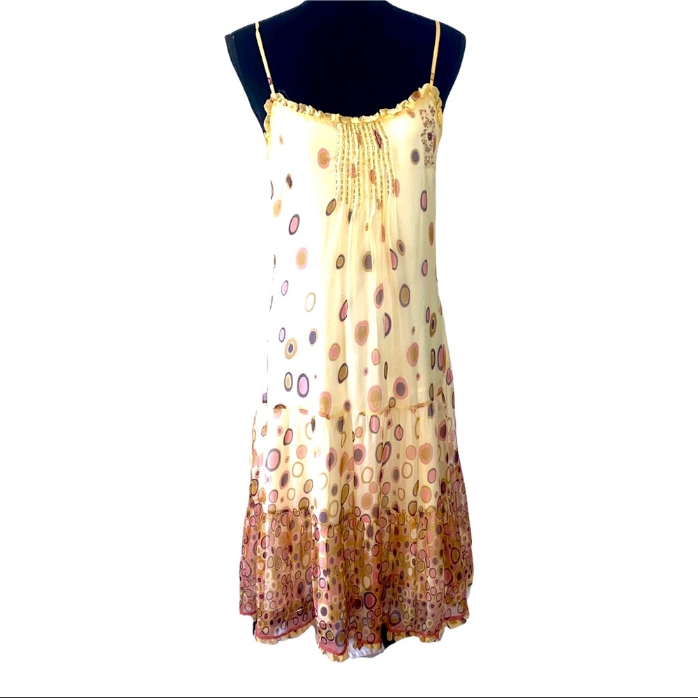 Beaubois Silk Dress Size Medium With Beaded Details Tiered Ruffle Dotted Lined